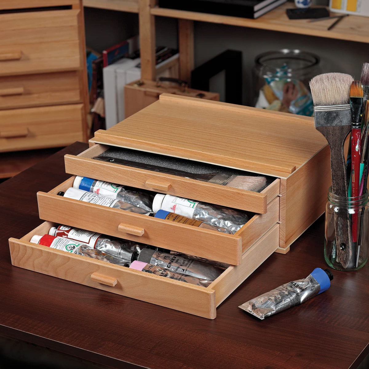 HG Art Concepts Artists Storage Chests - Premium Studio Organizer for Paint Tubes, Brushes, Pecils, Markers, & More! - 3 Drawer - 2 Pack