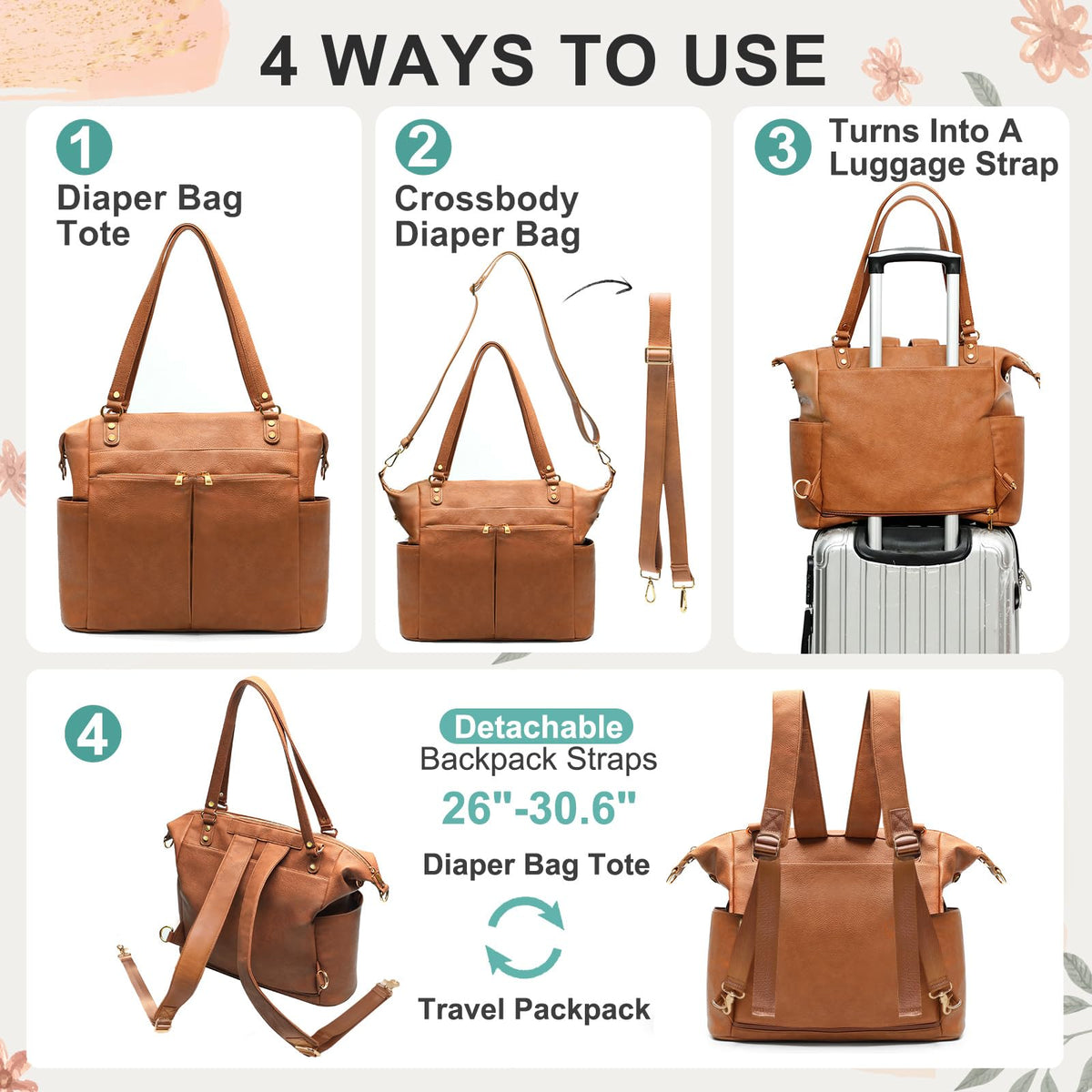 MOMINSIDE Diaper Bag Tote, 4 in 1 Leather Diaper Bag Backpack with 13 Pockets, Convertible Baby Bag for mom,Hospital bag Pañaleras Para Bebe, Changing Pad, 4 Large Insulated Pockets(Brown)