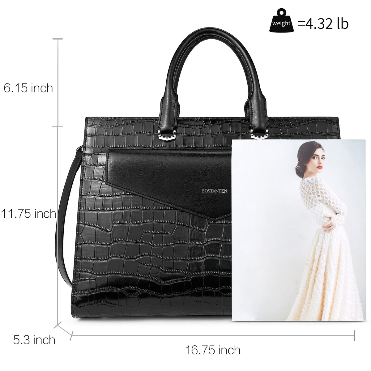 BOSTANTEN Laptop Briefcase for Women 15.6 Inch Tote Bag Genuine Leather Handbag Crocodile Pattern Work Bussiness Bag