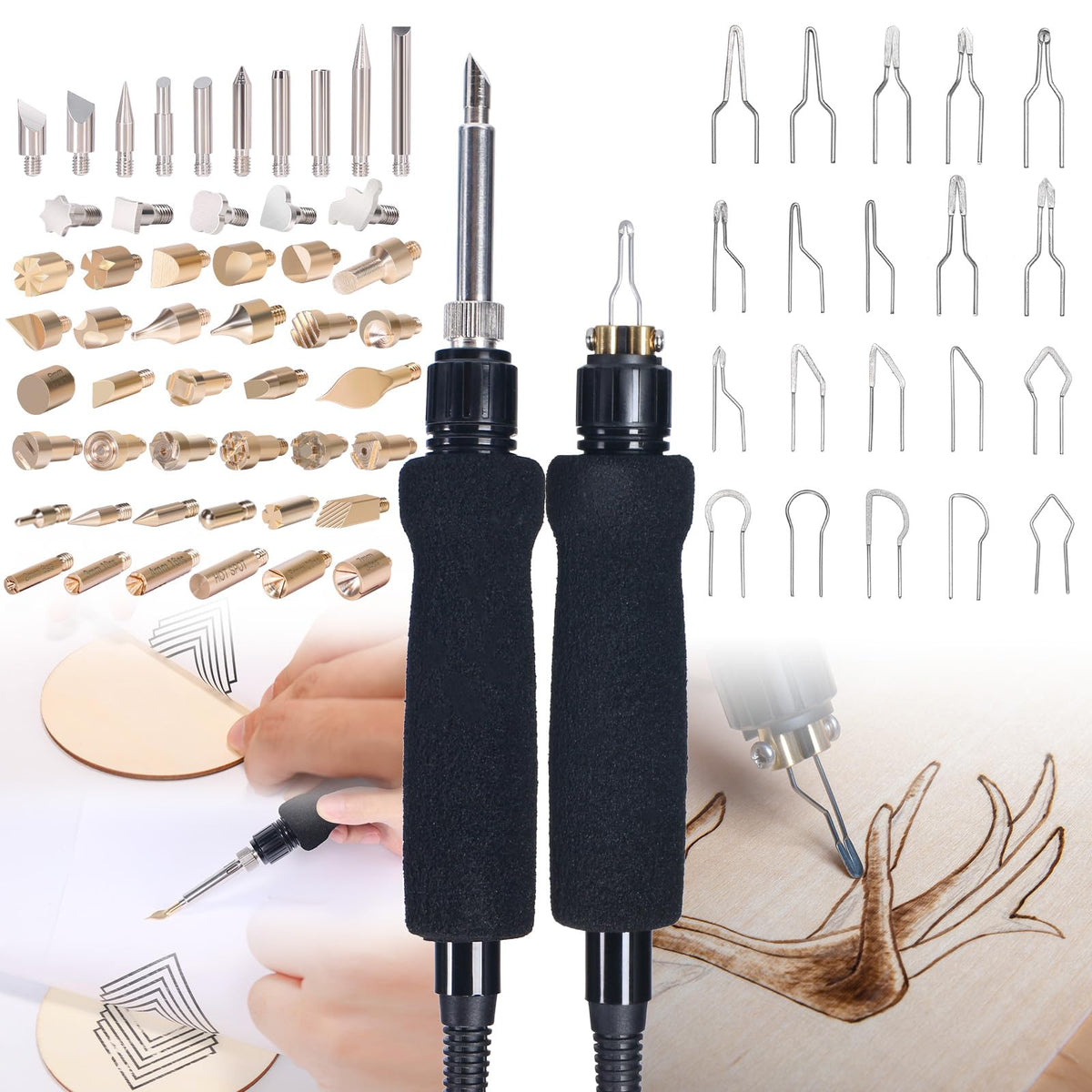 YIHUA 939D-II Pyrography Pen Wood Burning Kit Station 2-in-1 Solid-Point 200~480°C (with Temp Display)/Wire-Nib 250~750°C with 20 Nibs, Solid Points, 1 Stable Pen Holder, 2 Scrap Wood (Green)