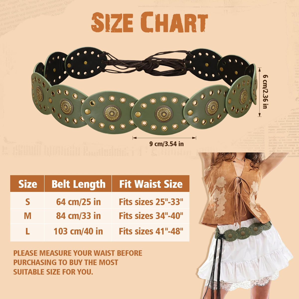XZQTIVE Women's Boho Disc Belt Concho Western Cowgirl Cowboy Belt for Ladies Wide Vintage Leather Waist Belt for Dress