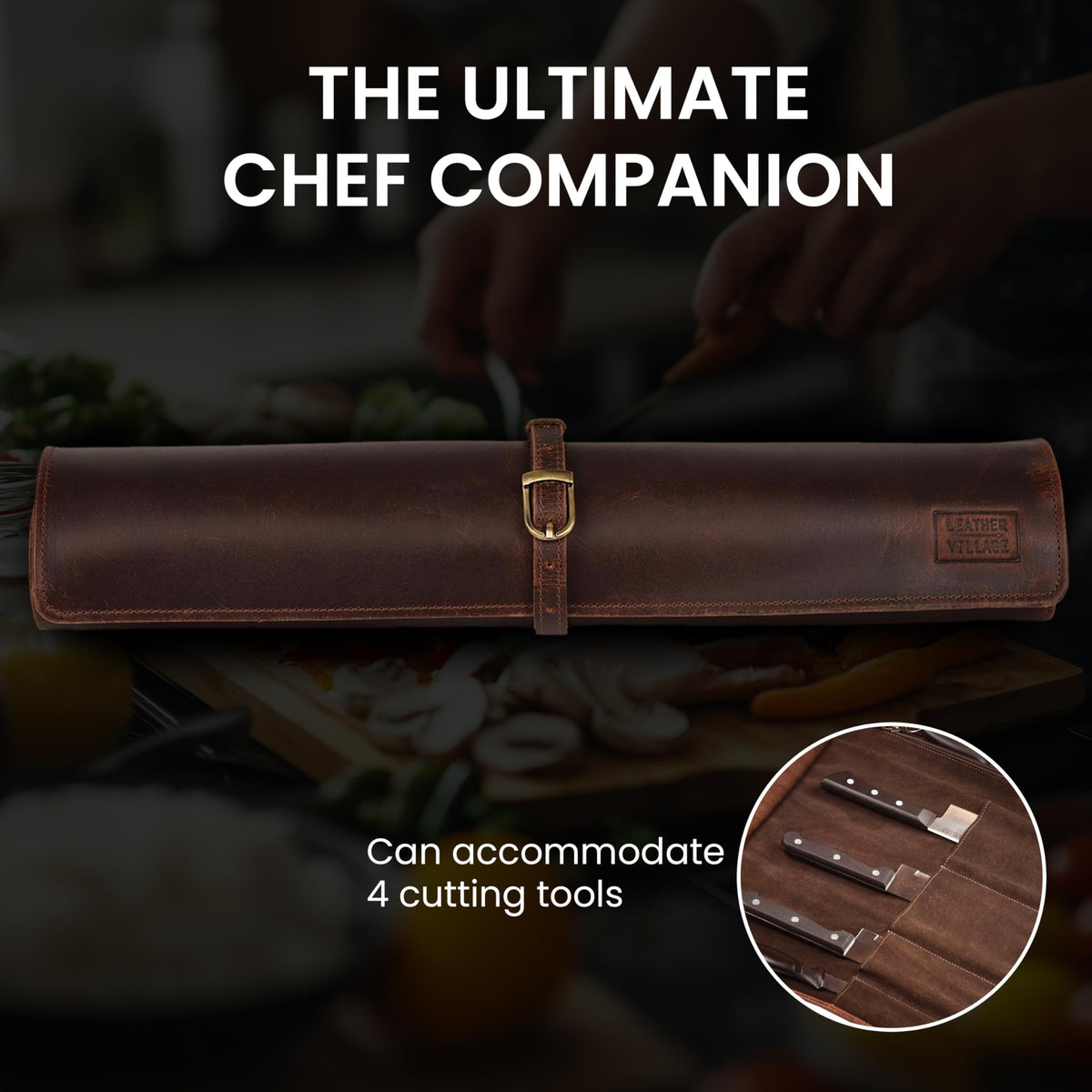 LEATHER VILLAGE Genuine Leather Knife Roll Bag – Professional Chef Carrying Case, Durable Sheath Holder, Cooks & Culinary Tools Organizer, Portable Travel Storage with 4 Slots & Zipper - Cherry
