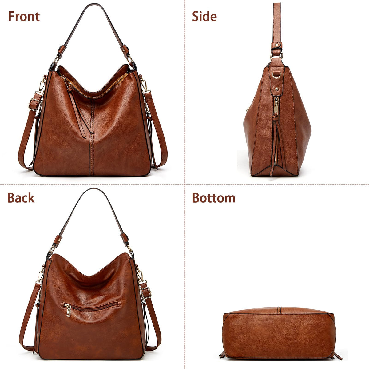 Large Capacity Hobo Tote Bag for Women, Soft Vegan Leather Crossbody Shoulder Handbag, Purse and Wallet Set - Brown
