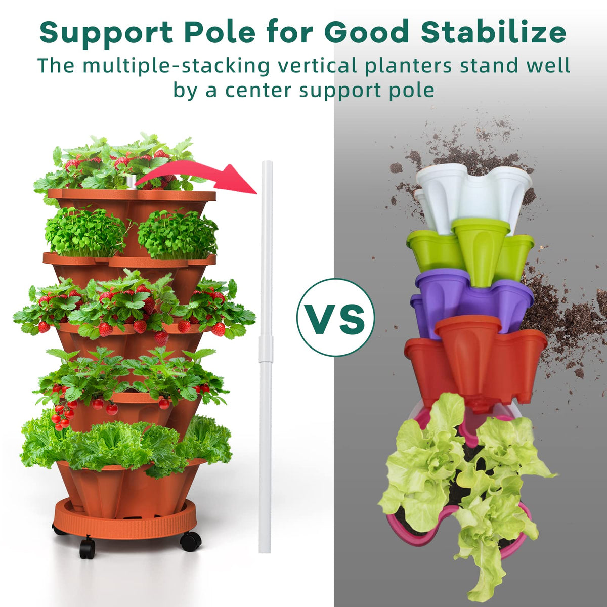 Tectsia Strawberry Vertical Planter, 5 Tiered Stacking Garden Tower, Stackable Herb Vegetable Planters with Support Pole Indoor and Outdoor - Terra Cotta