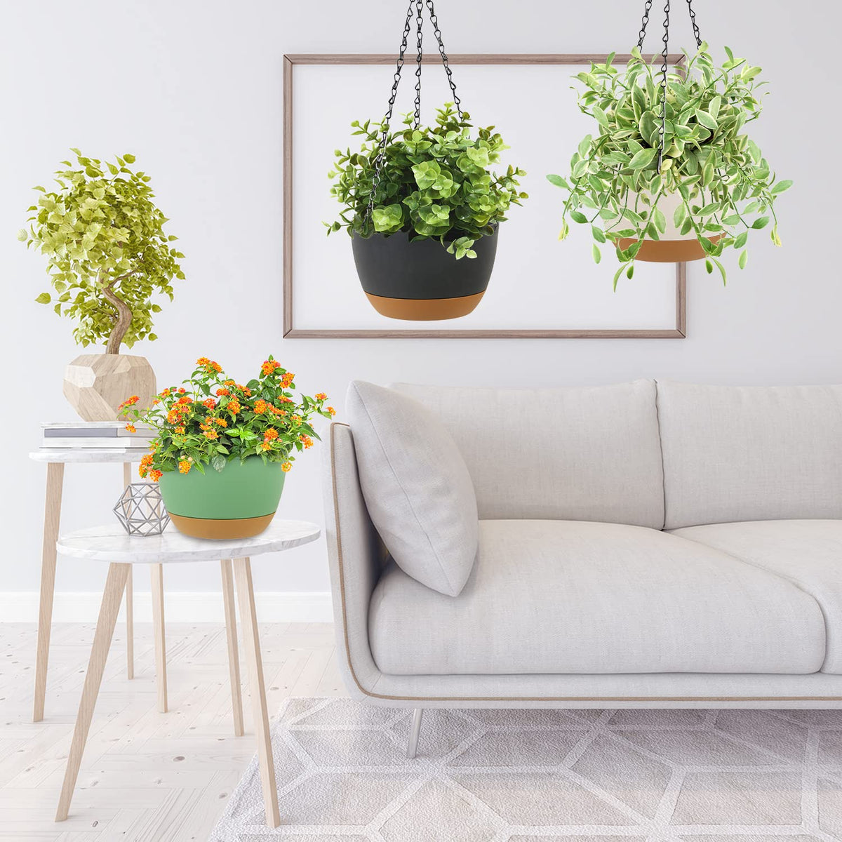 LIYDE 3 Pack Hanging Planters, 8 Inch Small Hanging Pots Self Watering Hanging Planters for Indoor Plants with Drainage Holes and Removable Tray Hanging Basket