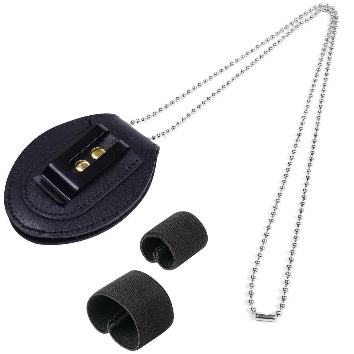 Cowhide Leather Oval Shape Police Badge Holder with Stainless Bead Chain Necklace and Elastic 6pcs 1" Backpack Straps Keeper and 6pcs 1 1/2" Wide Belt Loop Organizers Bundle
