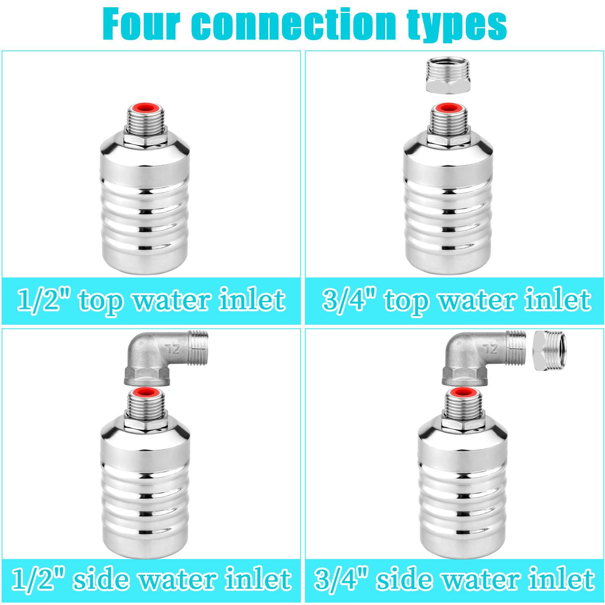 2pcs Water Float Valve, Stainless Steel Automatic Water Level Control Float Valve 1/2in and 3/4in Connection Types for Fish Tank Swimming Pool Livestock Trough