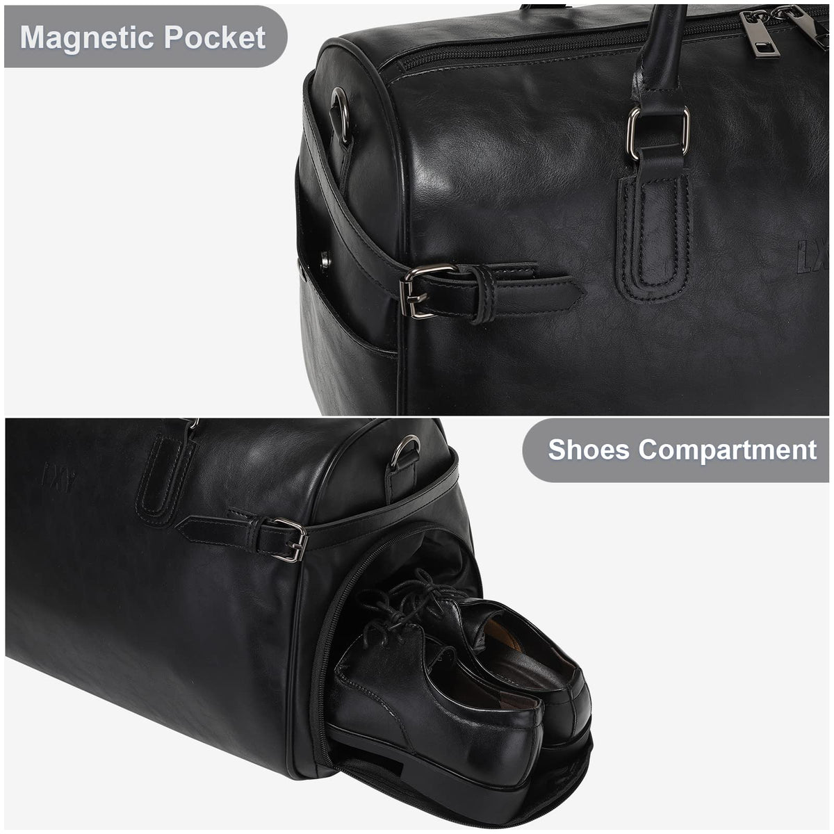 Vegan Leather Duffle Bag, LXY Travel Duffle Weekender Bag with Shoe Compartment, Duffel Overnight Gym Bags for Women Men Black