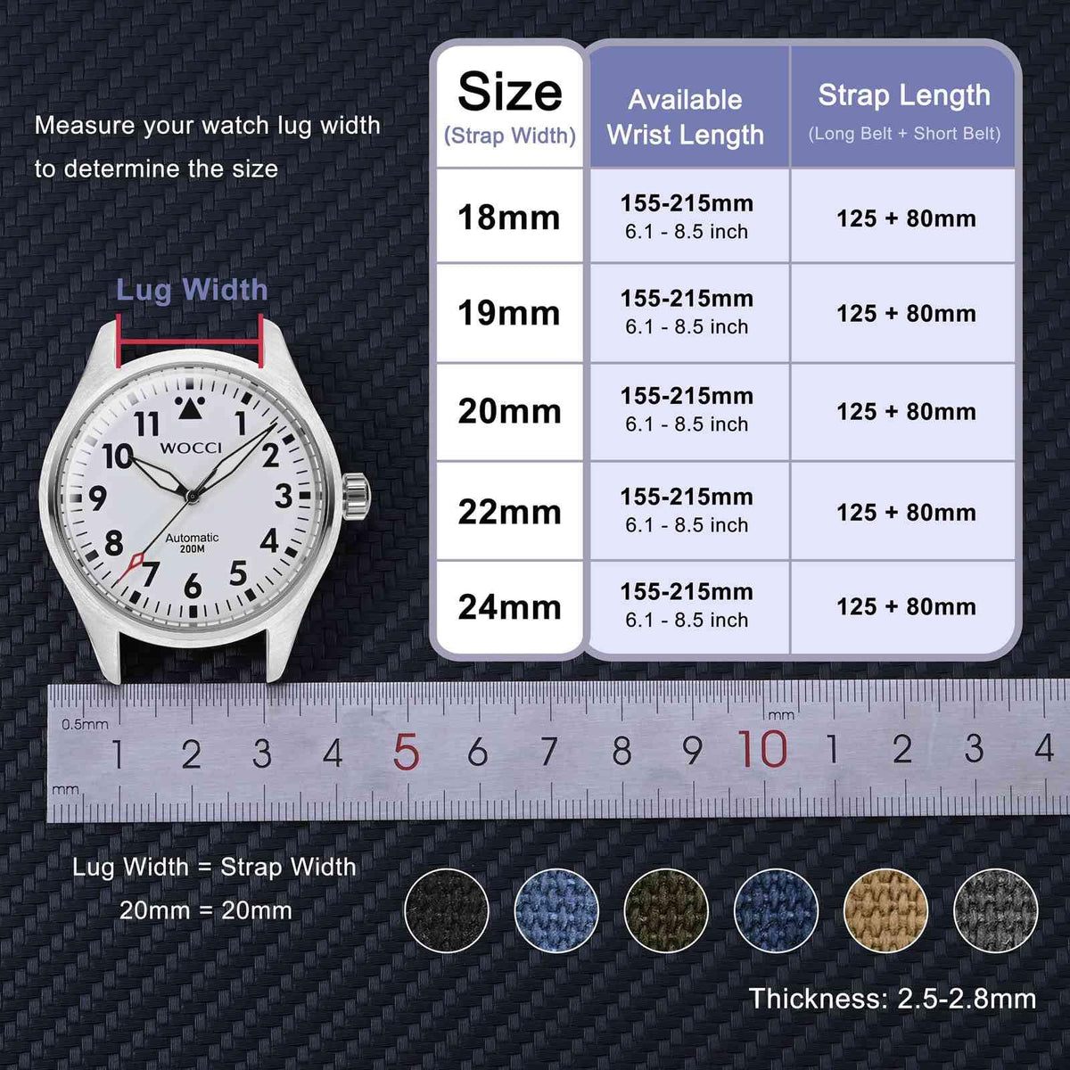 WOCCI 18mm Watch Band, Canvas Fabric, Quick Release, Replacement Strap, Black Buckle (Army Green)