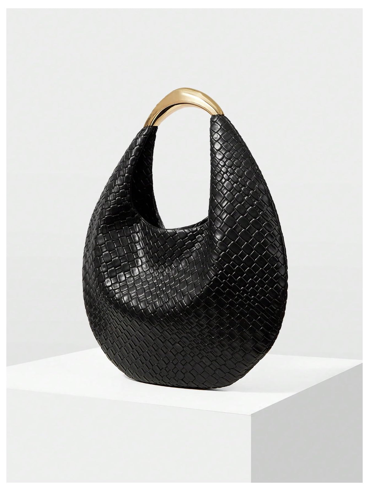 QWINEE Women's Woven Handbag Elegant Clutch Purse Metal Top Handle Cresent Evening Bag Retro PU Leather Clutch Purse Black One Size