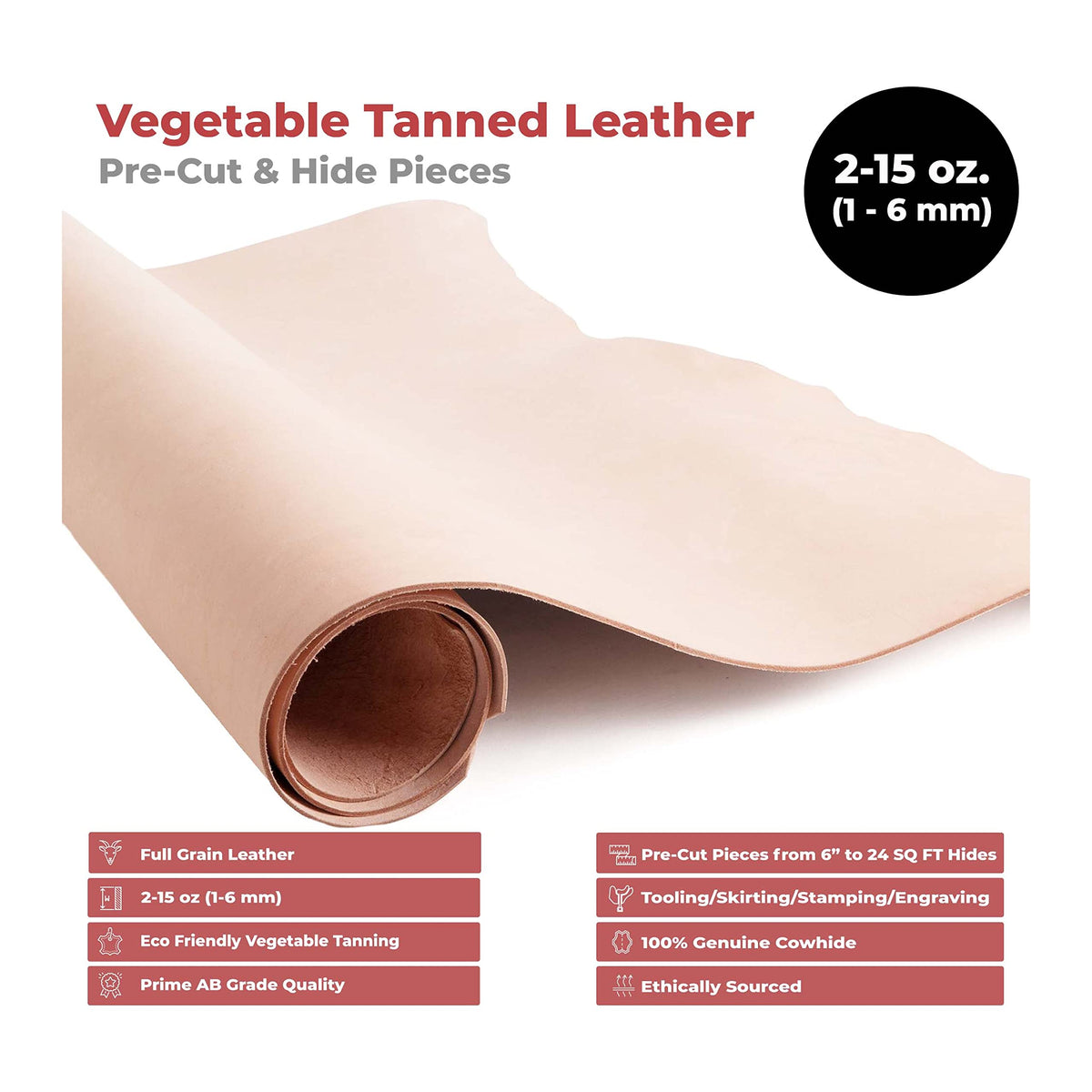 ELW 6-7 oz (2.4-2.8mm) Thickness Weight 10"x24" Vegetable Tanned Leather Cowhide Grade AB Full Grain Leather for Tooling, Carving, Engraving, Molding, Embossing, Stamping, & Dyeing