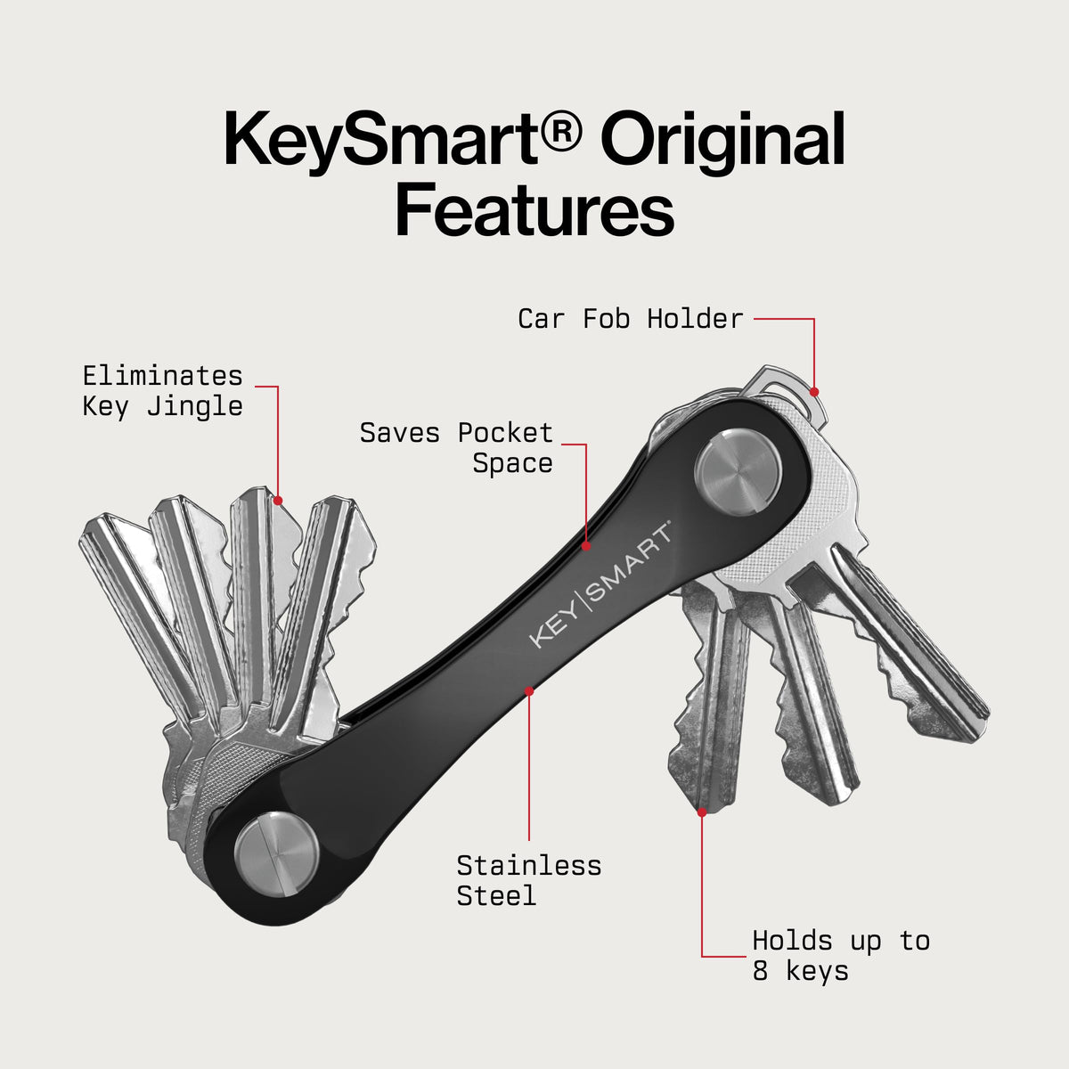 KeySmart Original Key Holder - Compact Key Organizer for Key Chain, Minimalist Clutter-Free EDC Keychains Key Ring, Black, 8 Keys