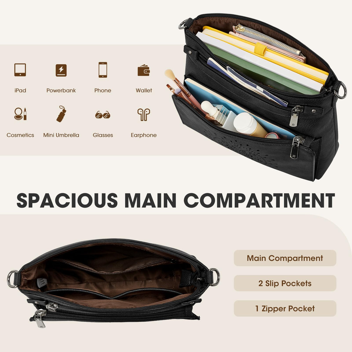 RAINSMORE Crossbody Bags for Women Leather Medium Crossbody Purse with Card Slots & Adjustable Strap Water-Resistant Womens Shoulder Handbag for Work Travel, Black