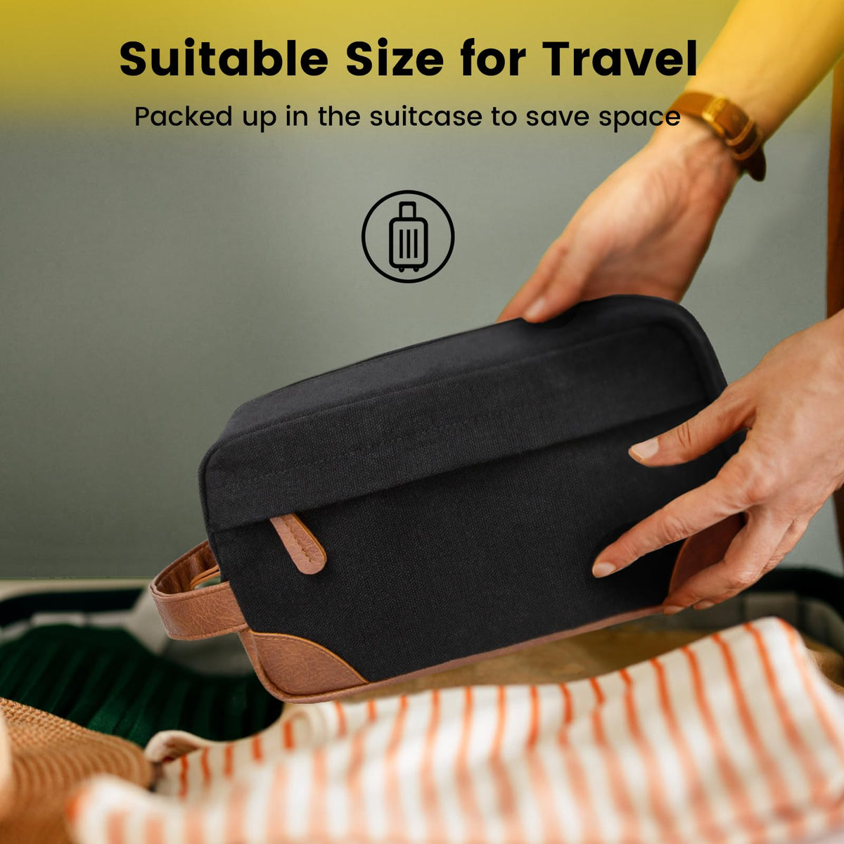 Vorspack Travel Toiletry Bag - Hanging Toiletry Bag for Men Water Resistant Canvas Shaving Bag with Large Capacity for Travel - Black