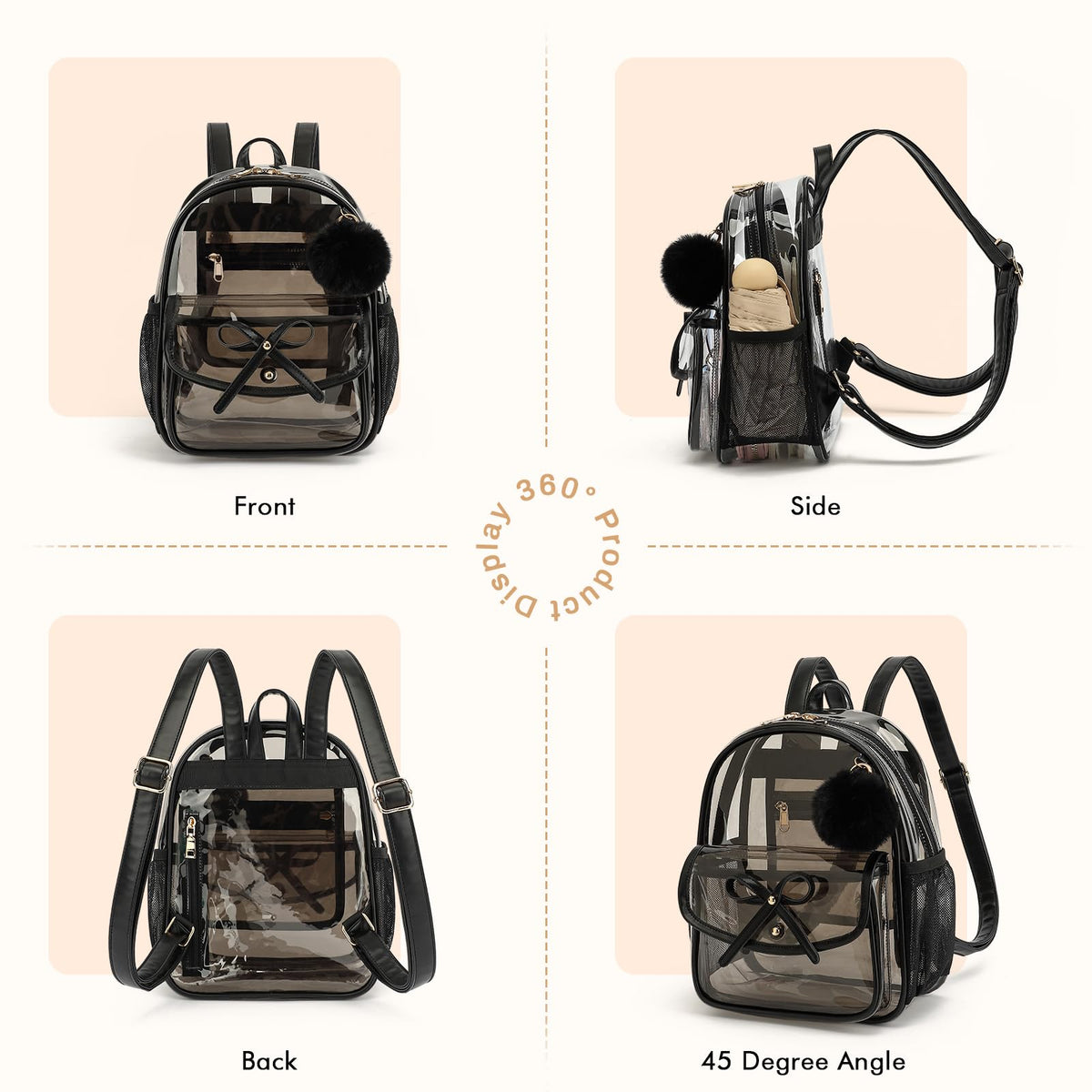ASKSKY Clear Backpack for Stadium Events 12x12x6, Thick PVC Small Clear Bag with Leather Trim Fashion Women Backpack for Concerts, Sports, Festivals, Work, Travel-Black