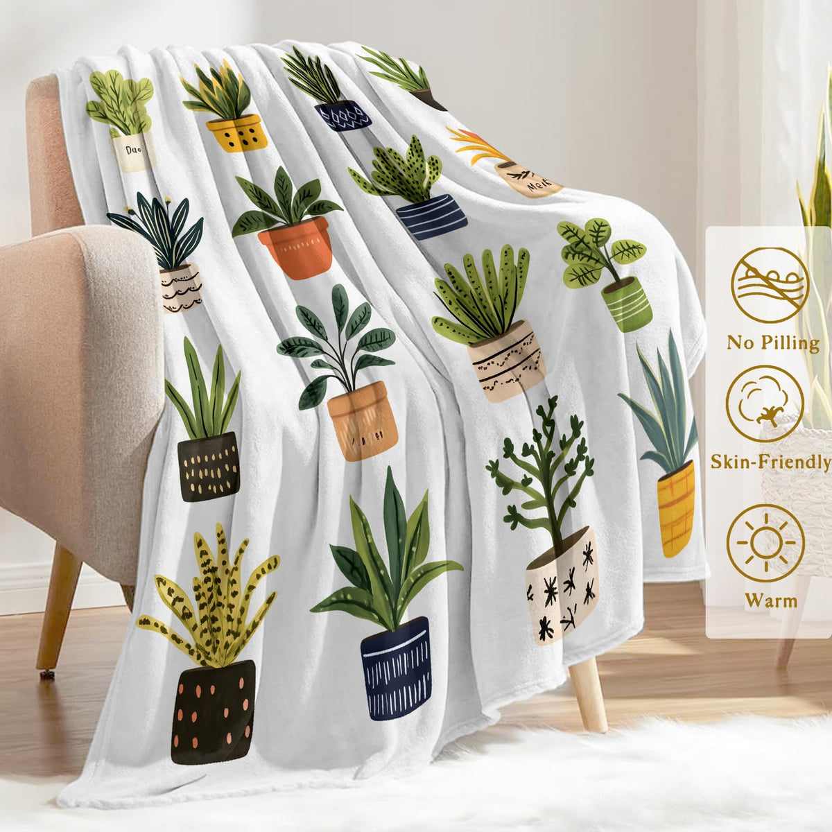 ainori Potted Plant Branches Flannel Blanket - Lightweight Soft Cozy Unique Gifts Blankets for Botanical Lovers,Kids,Adult,Women,Modern Minimalist Throw,Home Room Modern Decor 50x60in