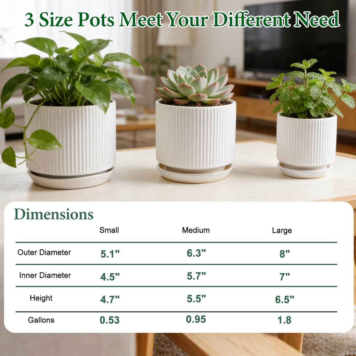 Ceramic-Flower-Pots-Sets-with-Saucer, 5/6/8 inch Small Planters for Indoor Plants with Drainage Hole, White Vertical Stripe Plant Pots for Home Decor, Outdoor Garden Pot For Succulent Cactus Herb
