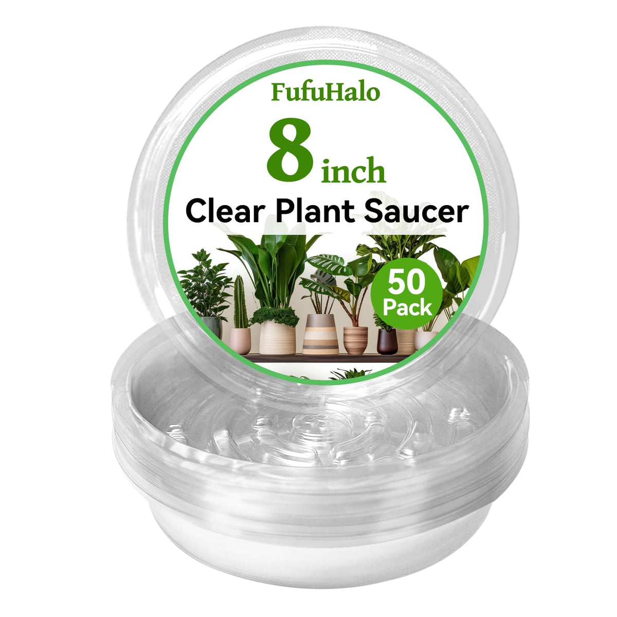 FufuHalo Clear Plant Saucers 50 Pack 8 Inch Plastic Plant Saucer, Durable Plant Pot Saucers Plant Drip Trays Used for Indoor and Outdoor Flower Pot