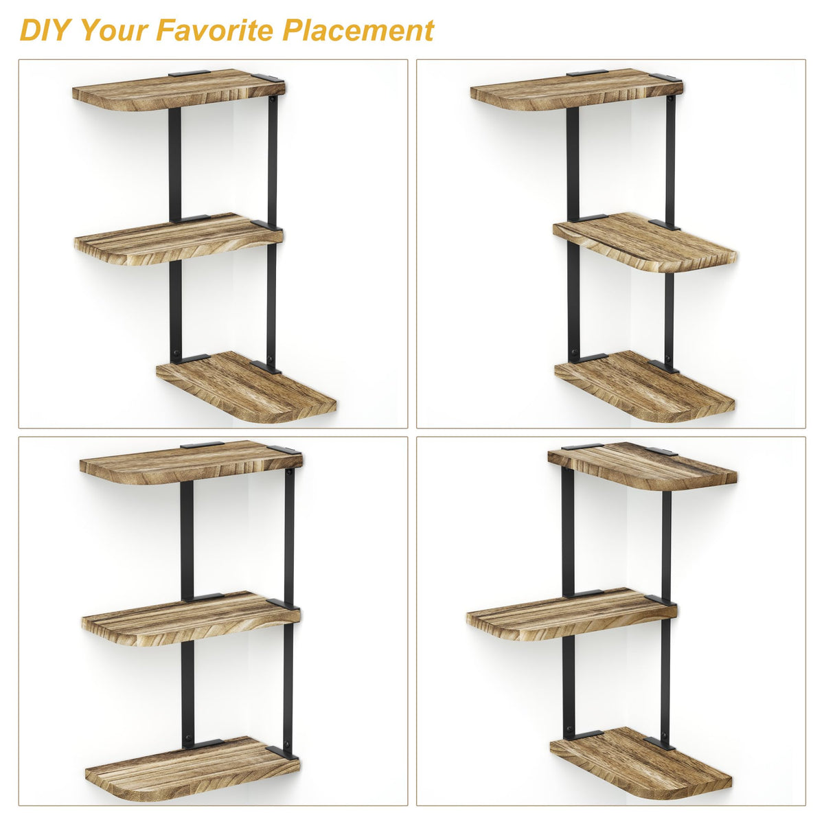 Love-KANKEI Corner Shelf Wall Mount of 3 Tier Rustic Wood Floating Shelves for Bedroom Living Room Bathroom Kitchen Office and More Carbonized Black