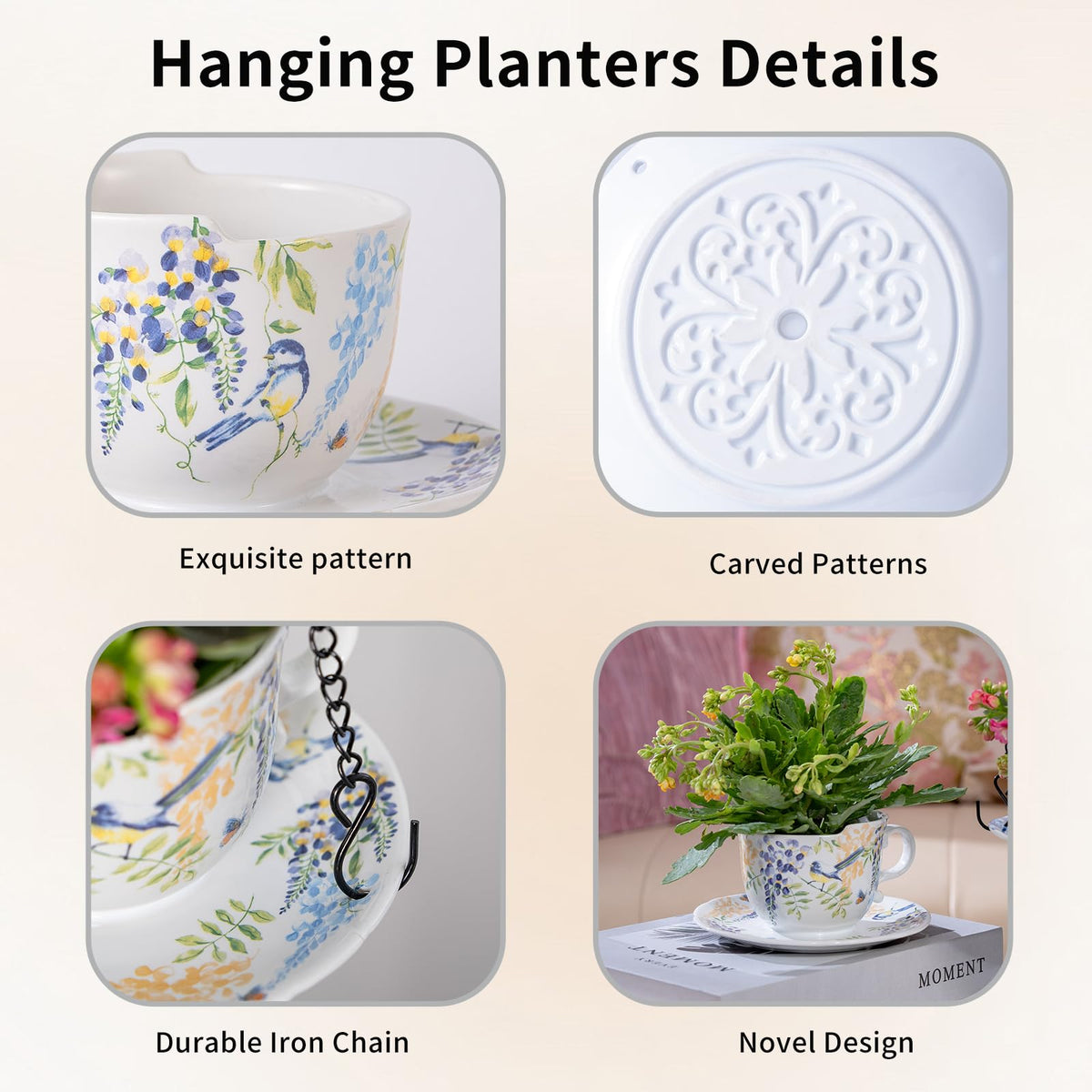 TEATALK Hanging Planters for Indoor Plants, Ceramic Pots with Drainage Hole, 6.3 Inch Hanging Planter with Chain, Outdoor Hanging Baskets for Plants, Birds & Flowers, Cup Shape