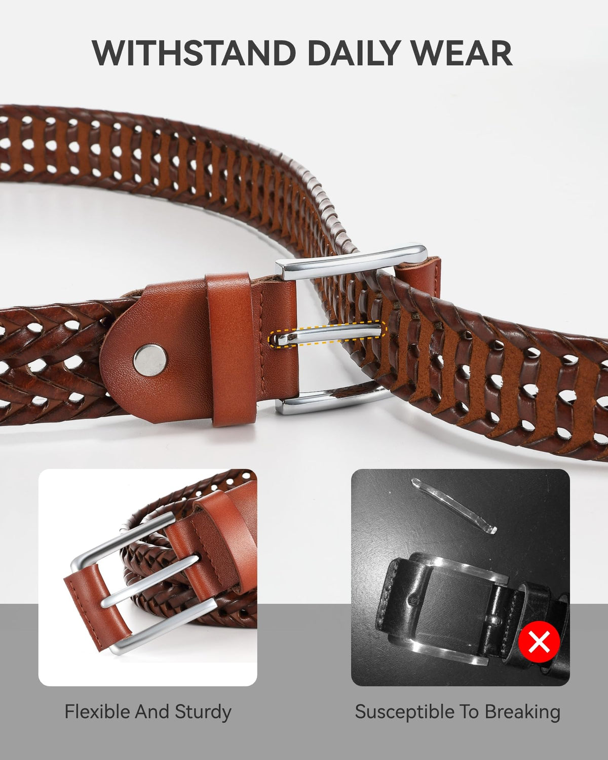 CHAOREN Mens Braided Leather Belt, Casual Woven Leather Belt for Men 35mm Width for Dress Jeans Golf