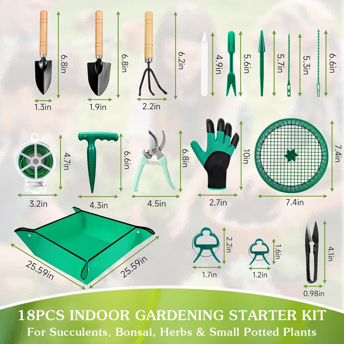 Gardening Tool Set, 18PCS Indoor Plant Tools for Succulents, Bonsai & Herbs, Mini Garden Tools with Repotting Mat for Indoor Plants, Soil Scoop, Pruner, Gloves, Plant Ties & Labels