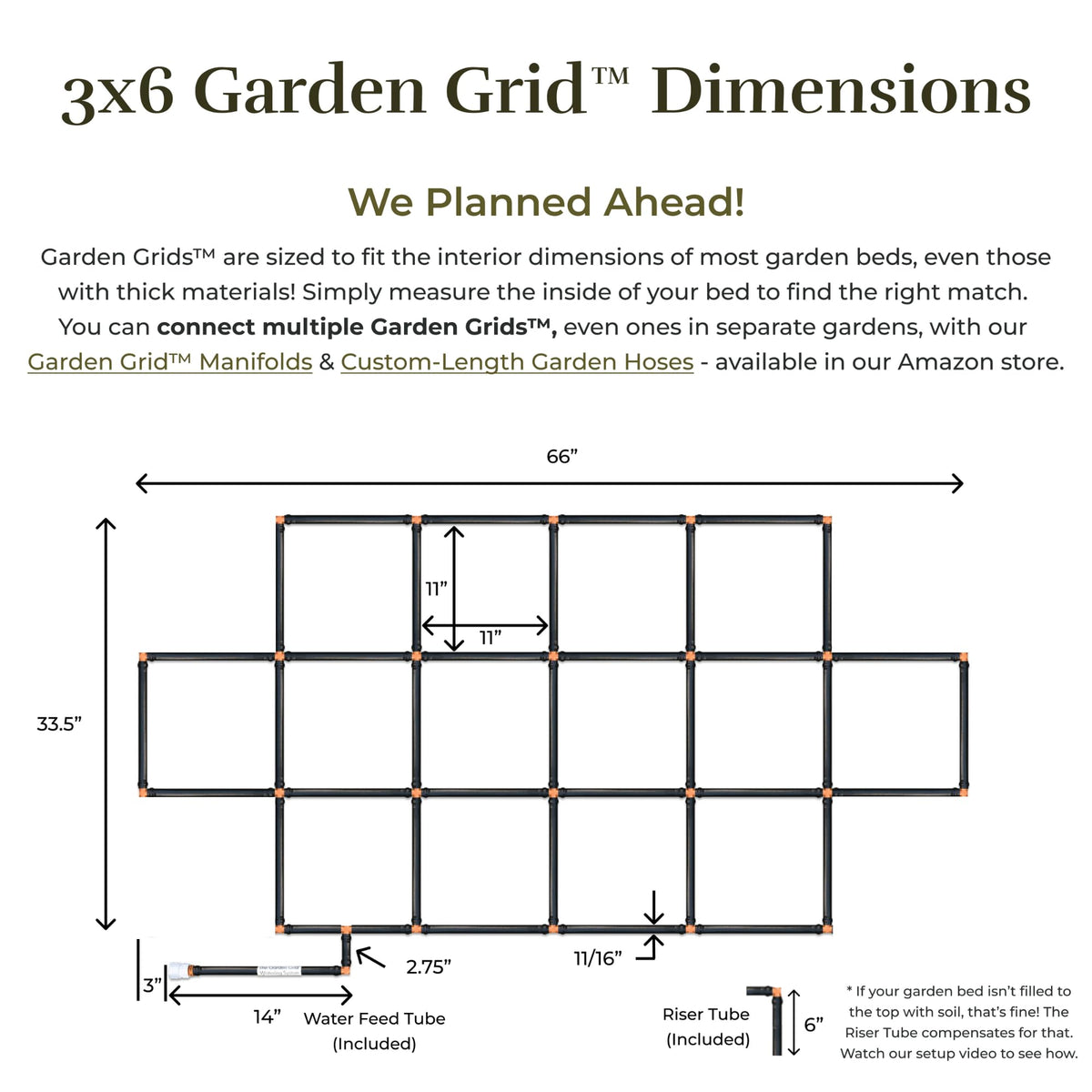 Garden Grid Watering System - 3x6 Cornerless | Raised Garden Bed Drip Irrigation System - But Better | Pre-Assembled, Waters Every Plant Evenly | for Beds w/Corner Posts or Curved Ends | 33.5"x66"