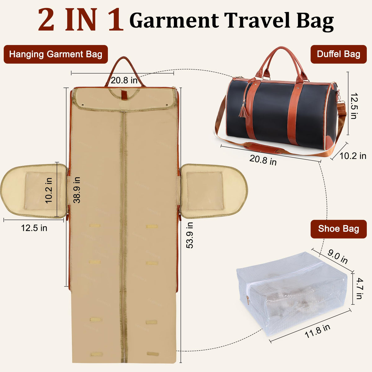 Convertible Garment Duffle Bag for Travel, Carry On Garment Bag with Shoe Pouch, PU Leather, 2 in 1 Hanging Suit Travel Bags Large Weekender Overnight Bags for Women Men (Black)