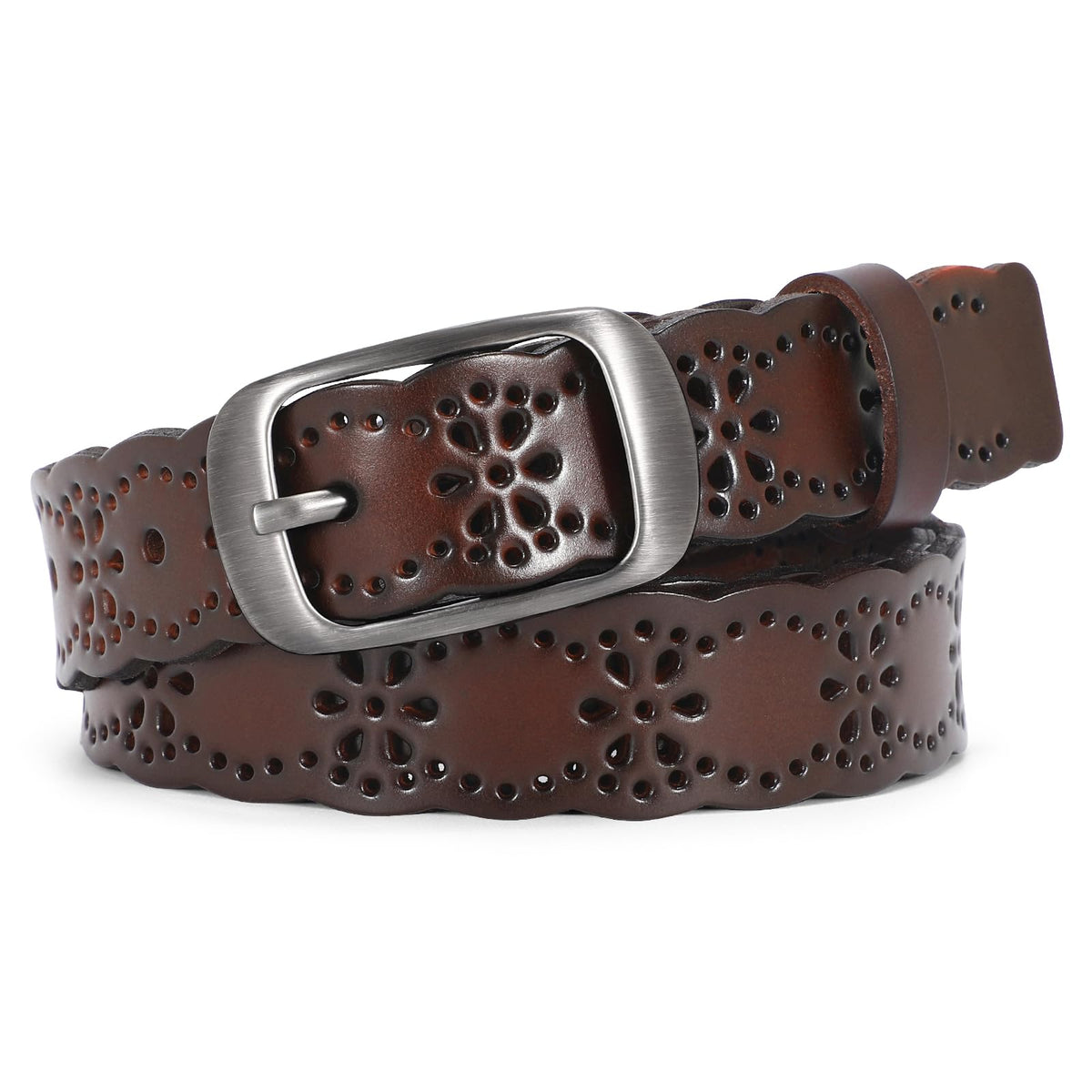 JASGOOD Women Hollow Flower Leather Belt for Jeans Pants Soft Leather Belt with Solid Pin Buckle(Coffee, Fit Waist Size 29-32 Inches)