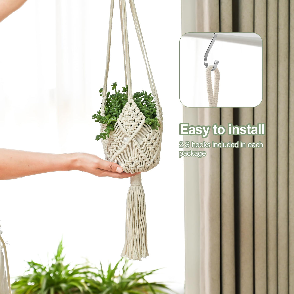 XINBOR Hanging Planter with Patterns,2Packs Macrame Plant Hangers Indoor Macrame for up to 8 inch Pot Crochet Boho Plant Hanger Holder for Indoor Outdoor with 2S Shaped Stainless Steel Hooks (White)