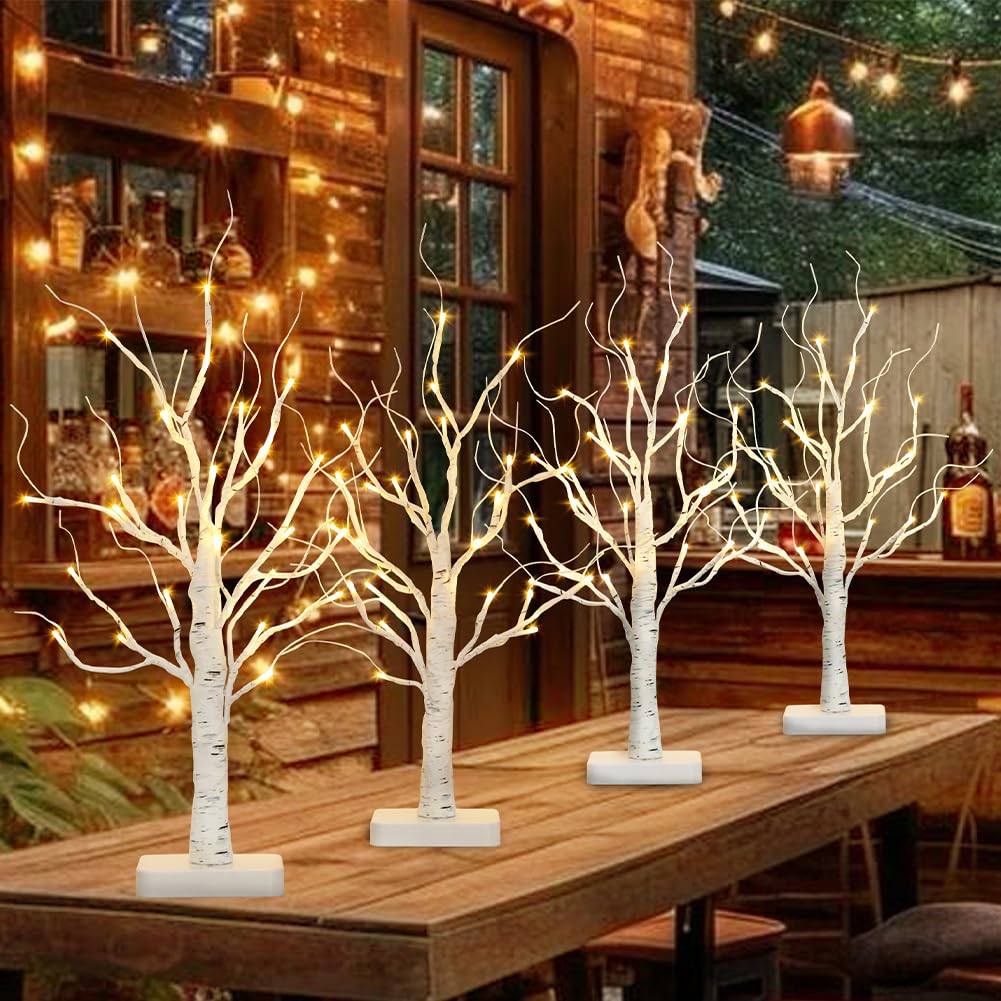Vanthylit 4 Pcs Lighted Birch Tree Battery Powered Tabletop Tree Decorations for Home Fireplace Party Christmas Decorations (22 Inch)
