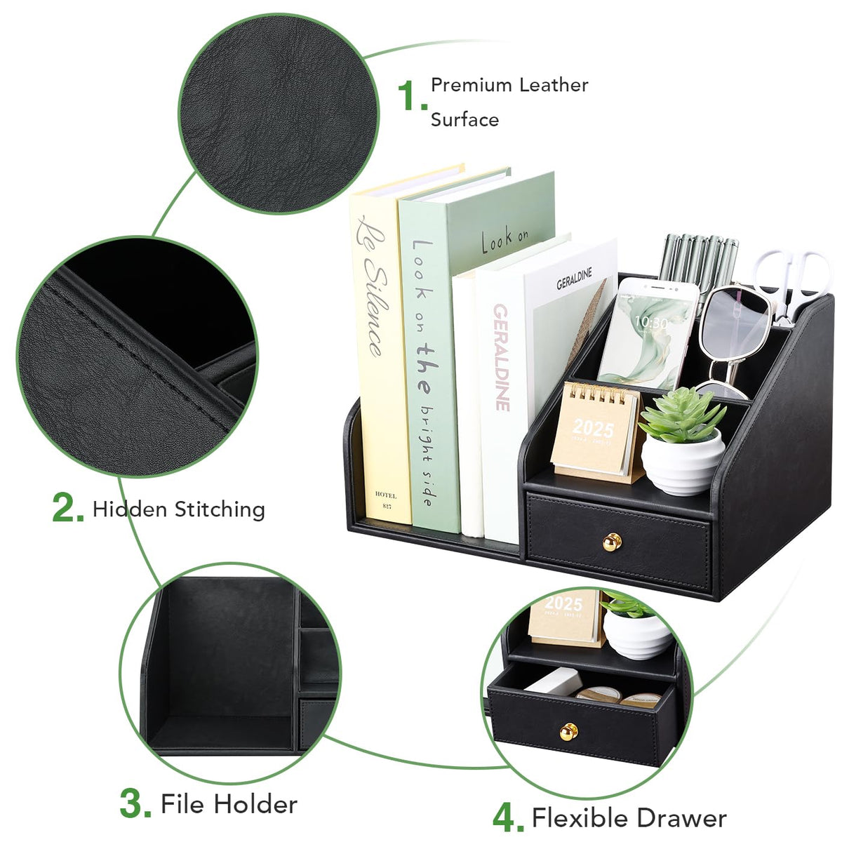 GORESE PU Leather Desk Organizer, File Organizer with Drawer and 4 Compartments, Desktop Organization with Magazine file Holder for Office Supplies, Elegant Gift for Men Who Have Everything, Black