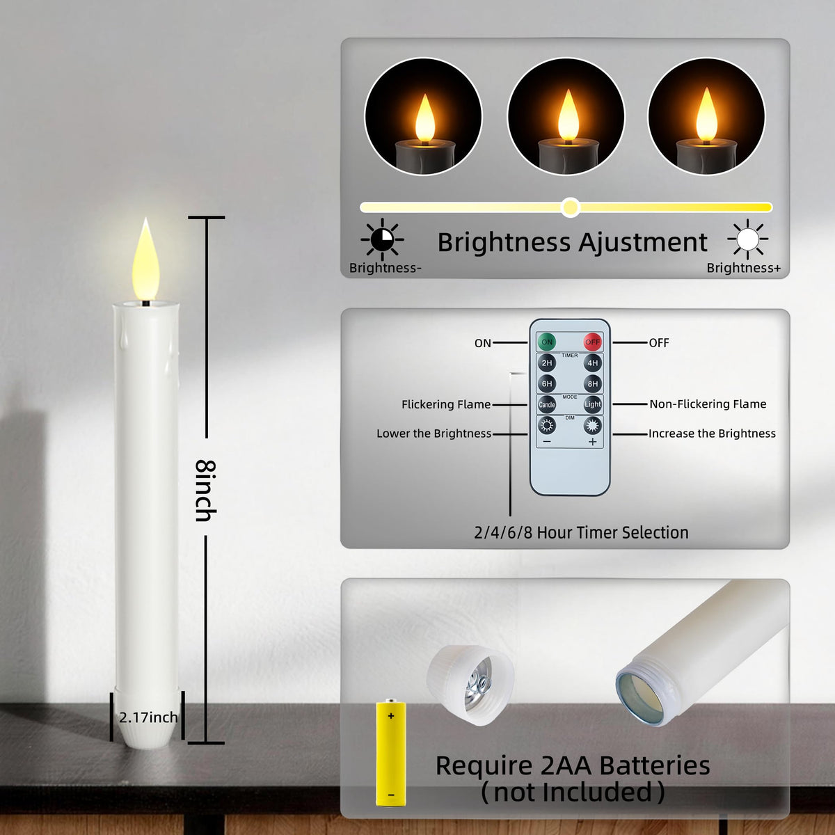 Prerish 6 PCS Flameless Taper Candles with Remote and Timer – 8 Inches Ivory Battery Operated LED CandleSticks with Flickering Light, Plastic Electric Window Candles, Christmas Home Halloween Decor