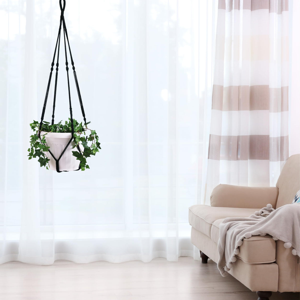Shineloha Giant XXL 55 Inches Macrame Planter Hanger Large for 15 inch Pot + Swag Hook | Extra Large Hanging Planter for Indoor Plants | No Pot/Plant Included (XXL Black)