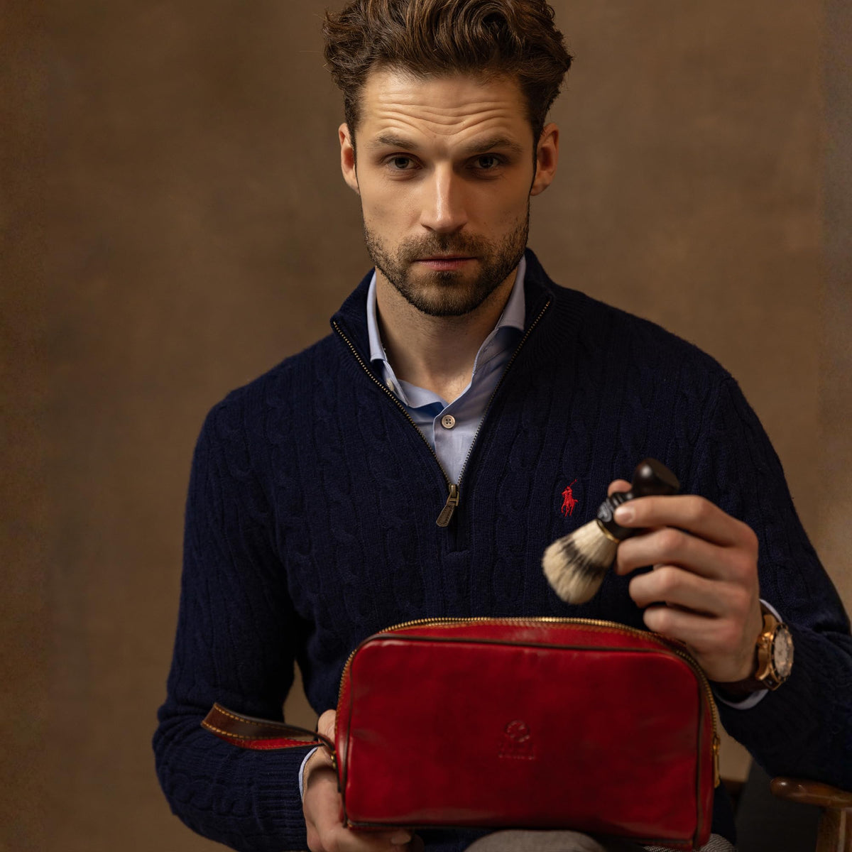 Time Resistance Leather Cosmetic Bag - Italian Toiletry Dopp Kit (Red)