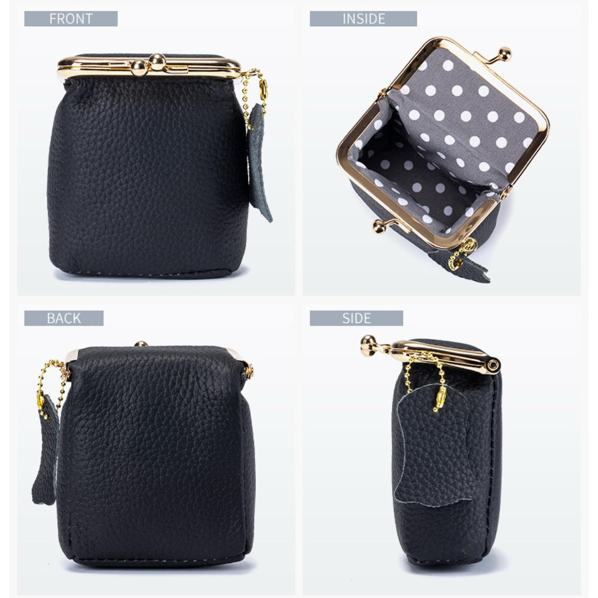 Genuine Leather Vintage Lipstick Coin Purse with Kiss-Lock Closure, mini travel jeweley box, Compact Travel Jewelry Organizer for Earrings, Rings, Keys, Coins (Black)