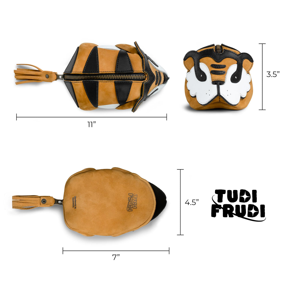Tudi Frudi, Tiger-Shaped Pouch, Leather Coin Purse, Small Charger Cable Holder, Change Bag, Zippered Cable Case, Purses & Pouches for Cash, Tiny Travel Carrier, Old Tobacco