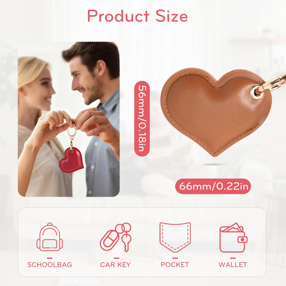 Leather Charm Keychain Holder Case Compatible with AirTag,Cute Protective Heart-Shaped Cover with Luxe Ring Clip,Finder GPS Tracker Case for Wallet Keys,Bag,Pets(Brown)