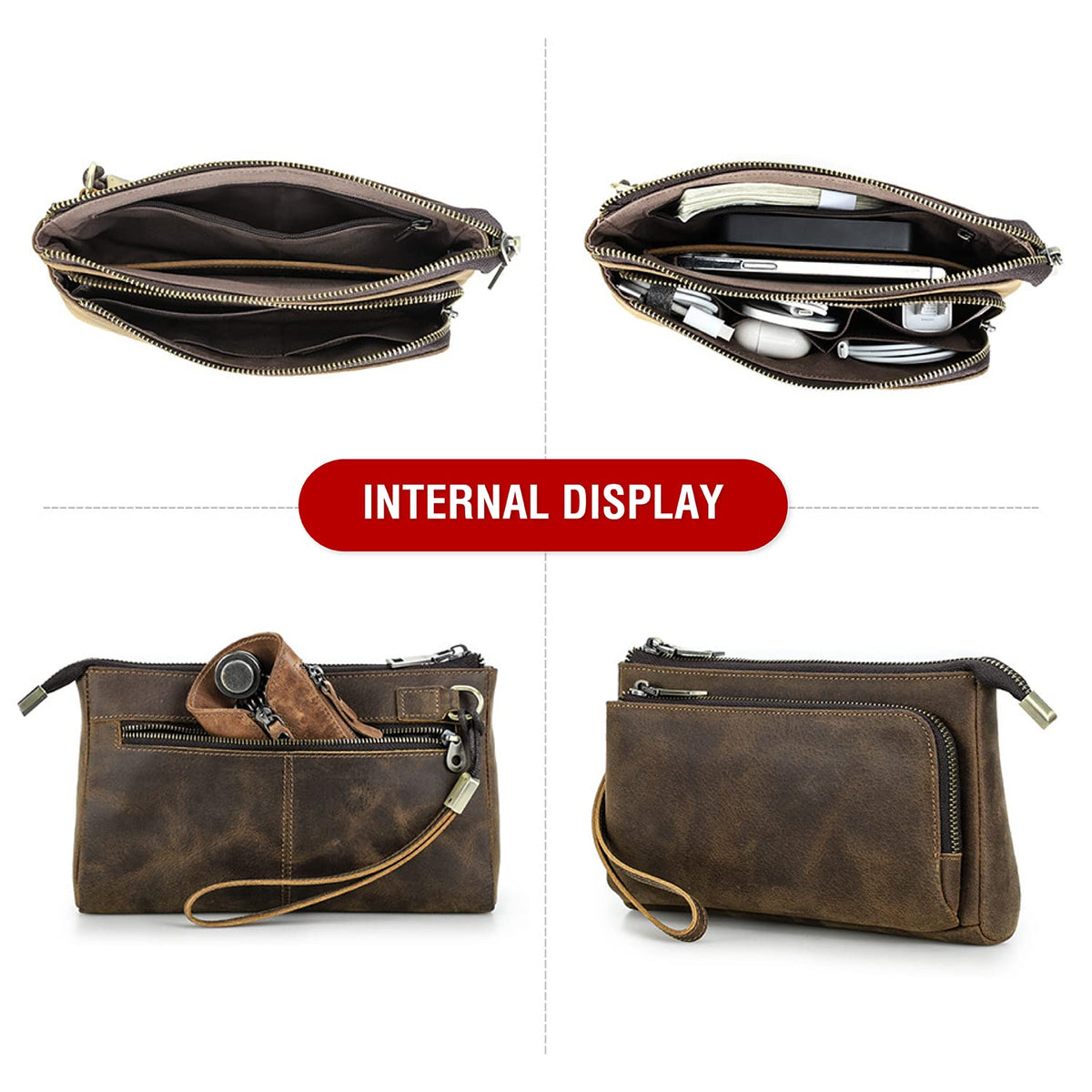 CataPurus Electronic Organizer Zipper Bag Tech Kit, Top Grain Leather Handmade, Portable Compact Travel Apple Accessories Storage Pouch Fits Phone, USB Cables, Power Banks, Chargers, Hard Drive