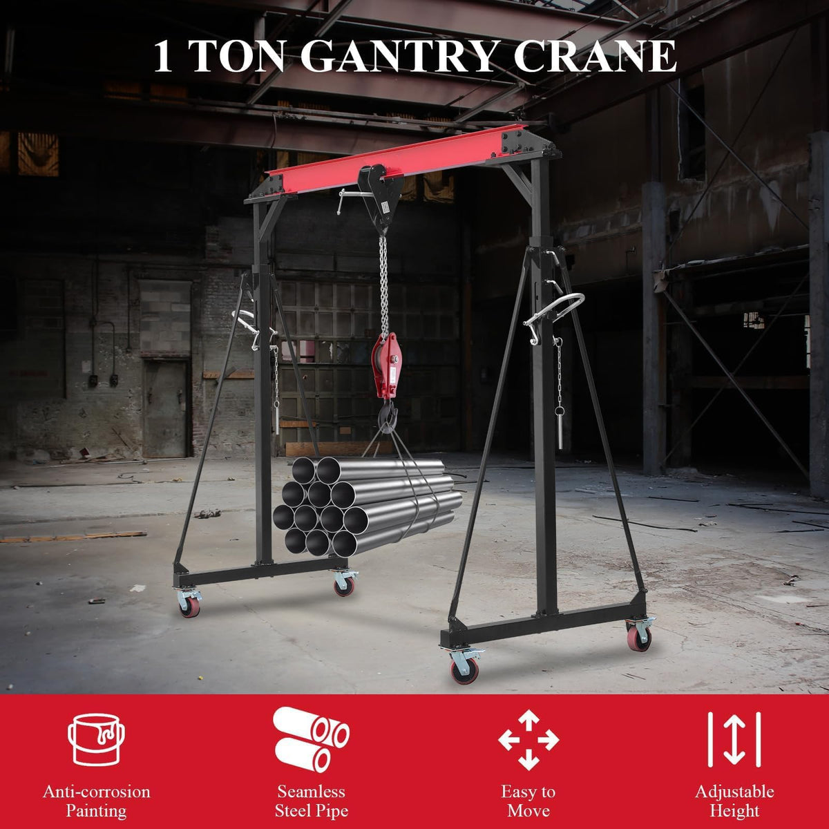 1 Ton Gantry Crane Compatible with Chain Hoist, 8-12 FT Adjustable Height 2200 LBS Shop Crane with Locking Casters, Shop Lift Hoist for Garage, Workshop, Warehouse