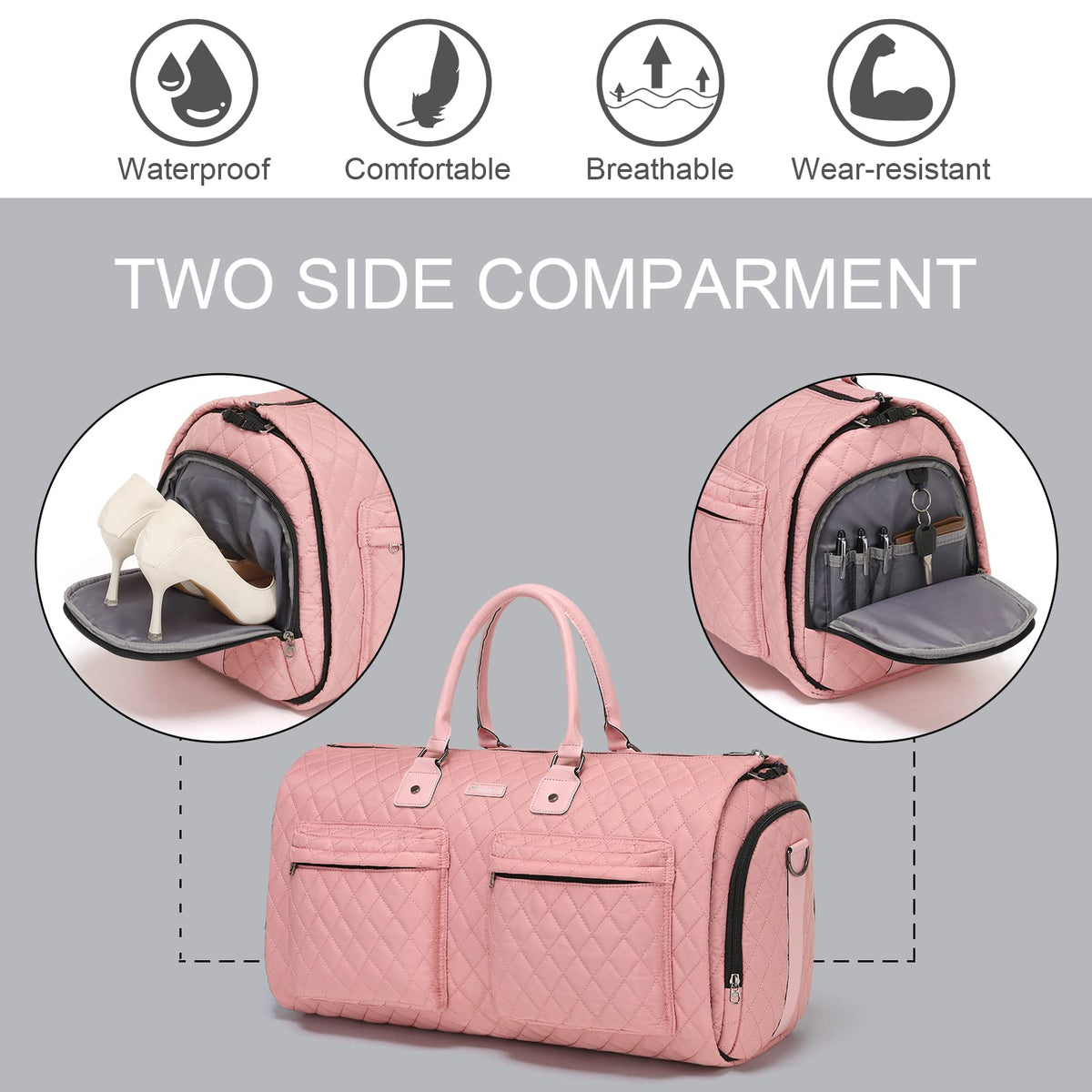 Womens Convertible Garment Bags for Travel, Modoker Waterproof Carry On Garment Bag Garment Duffel Bag - 2 in 1 Hanging Suitcase Suit Travel Luggage Bag, Pink