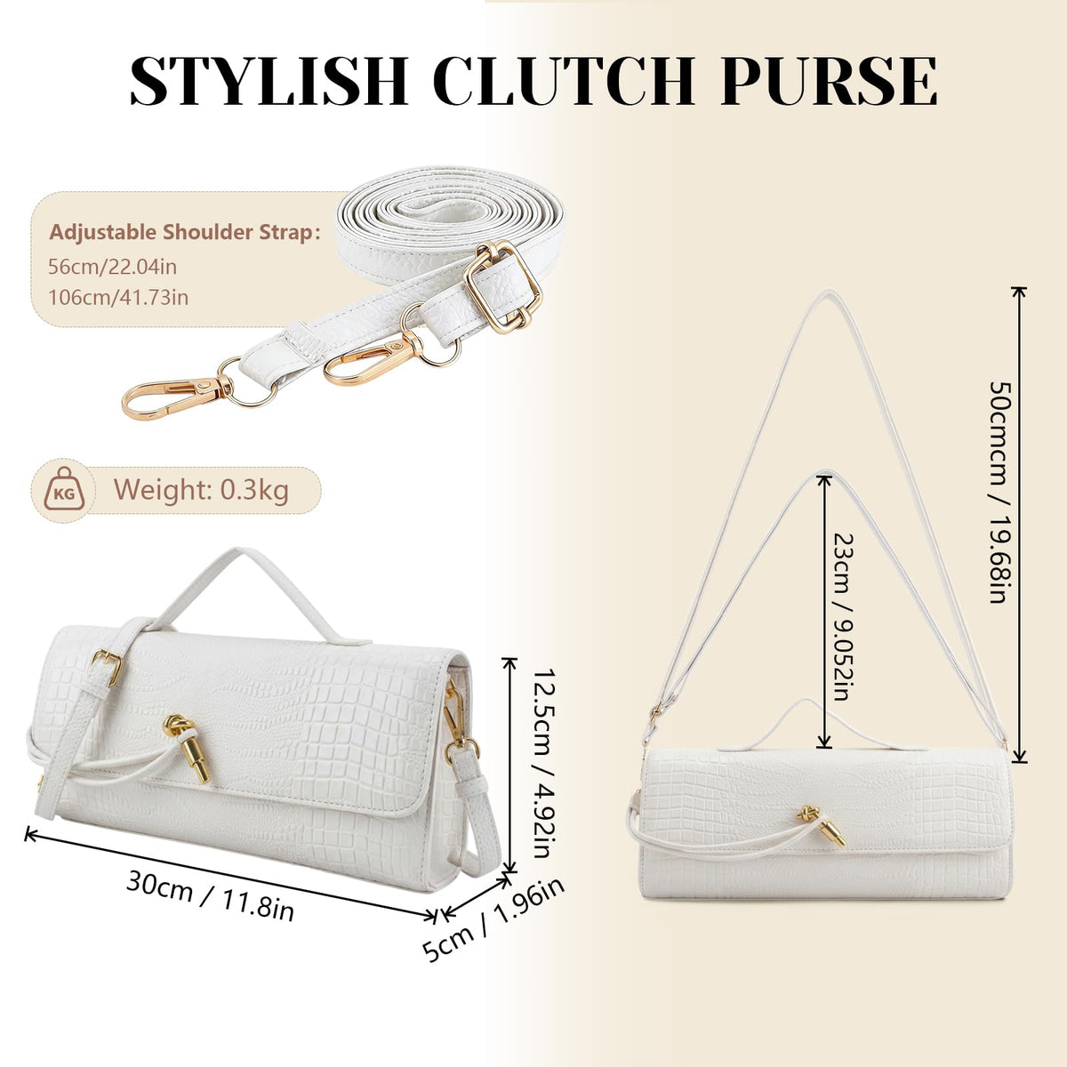 BWKUNOLF Evening Clutch for Women Crocodile Print - PU Leather Crossbody Bag with Removable Strap, Formal Party & Wedding Handbag (White)