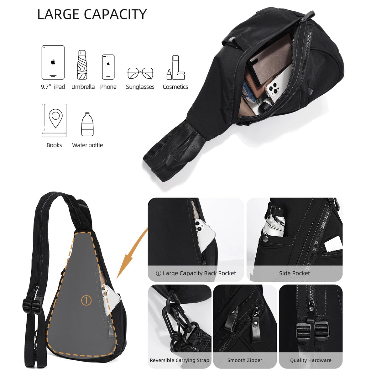 KL928 Crossbody Sling Backpack Nylon Cross Body Bag Travel Hiking Shoulder Bags Daypack Rucksack Unisex (Black)