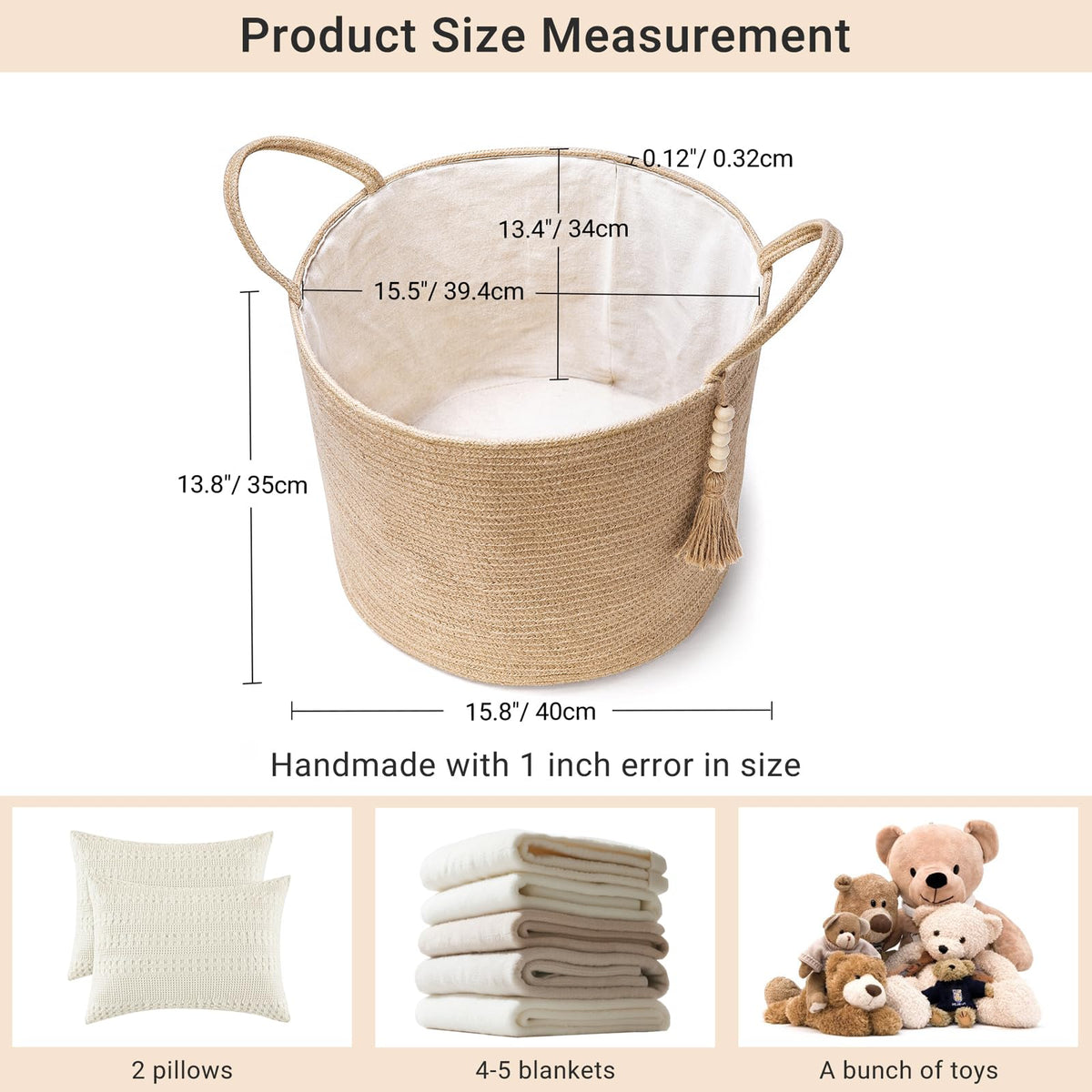 Mkono Woven Storage Basket Decorative Natural Rope Basket Wooden Bead Decoration for Blankets,Toys,Clothes,Shoes,Plant Organizer Bin with Handles Living Room Home Decor, Jute, 16" W × 13.8"L
