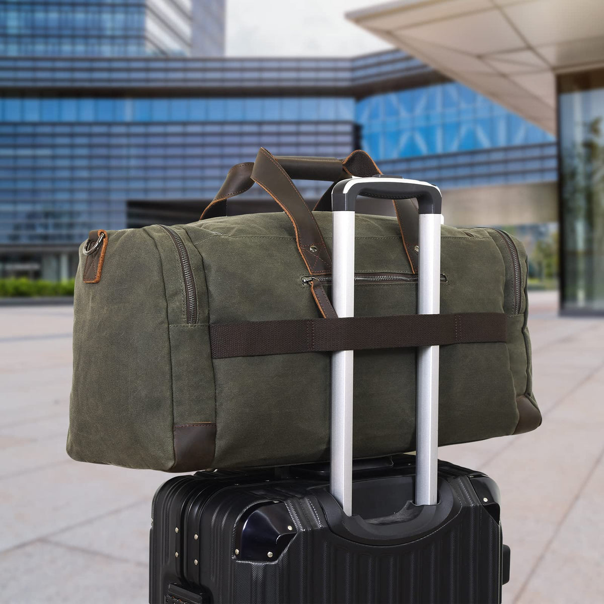 Polare 23” Waxed Canvas Cowhide Leather Waterproof Travel Duffel Bag Trim Luggage Weekender Overnight Carry on Hand Bag