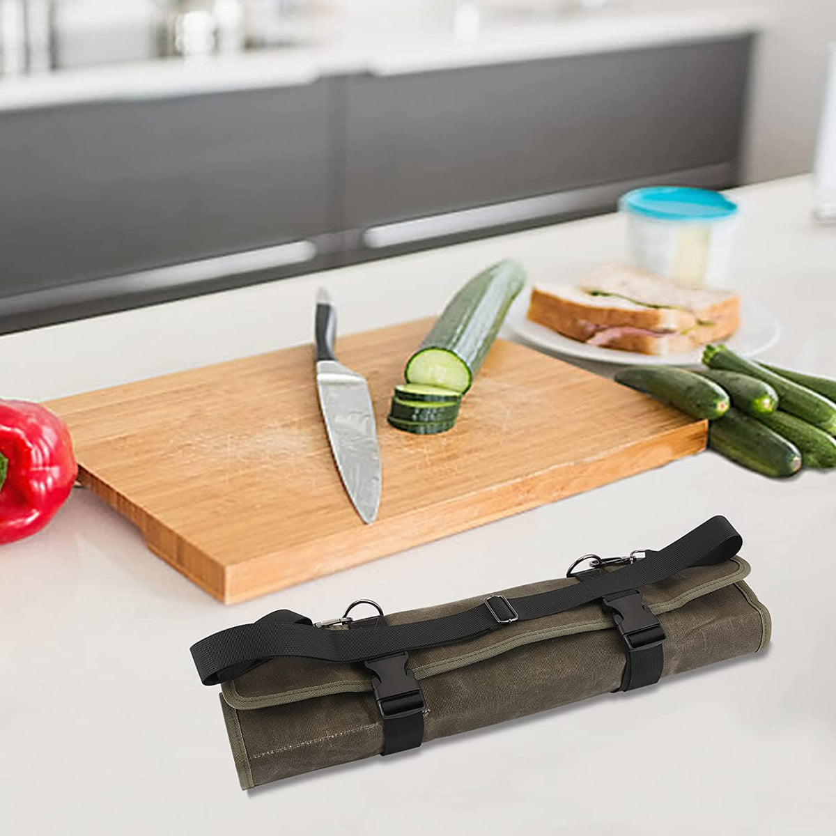 Chef’s Knife Roll Bag,Waxed Canvas Knife Cultery Carrier,Portable Chef Knife Cases,Knife Pouch Holders With 10 Slots Plus 1 Zipper Pockets Can Hold Home Kitchen Knife Tools Up To 18.8”