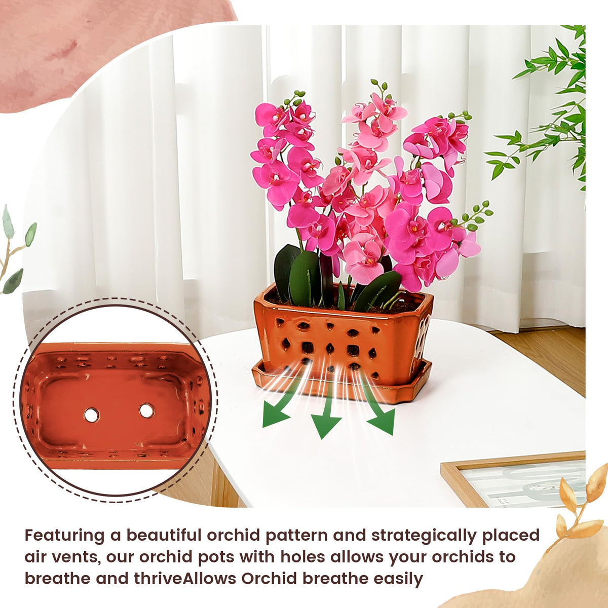 Teenyyou 1 Set Orchid Pot with Holes 9.5 Inch Ceramic Orchid Pot with Saucers for Repotting Amaryllis Flower Planter Include Gardening Shovel Set and Gloves for Home Decor(Terracotta)