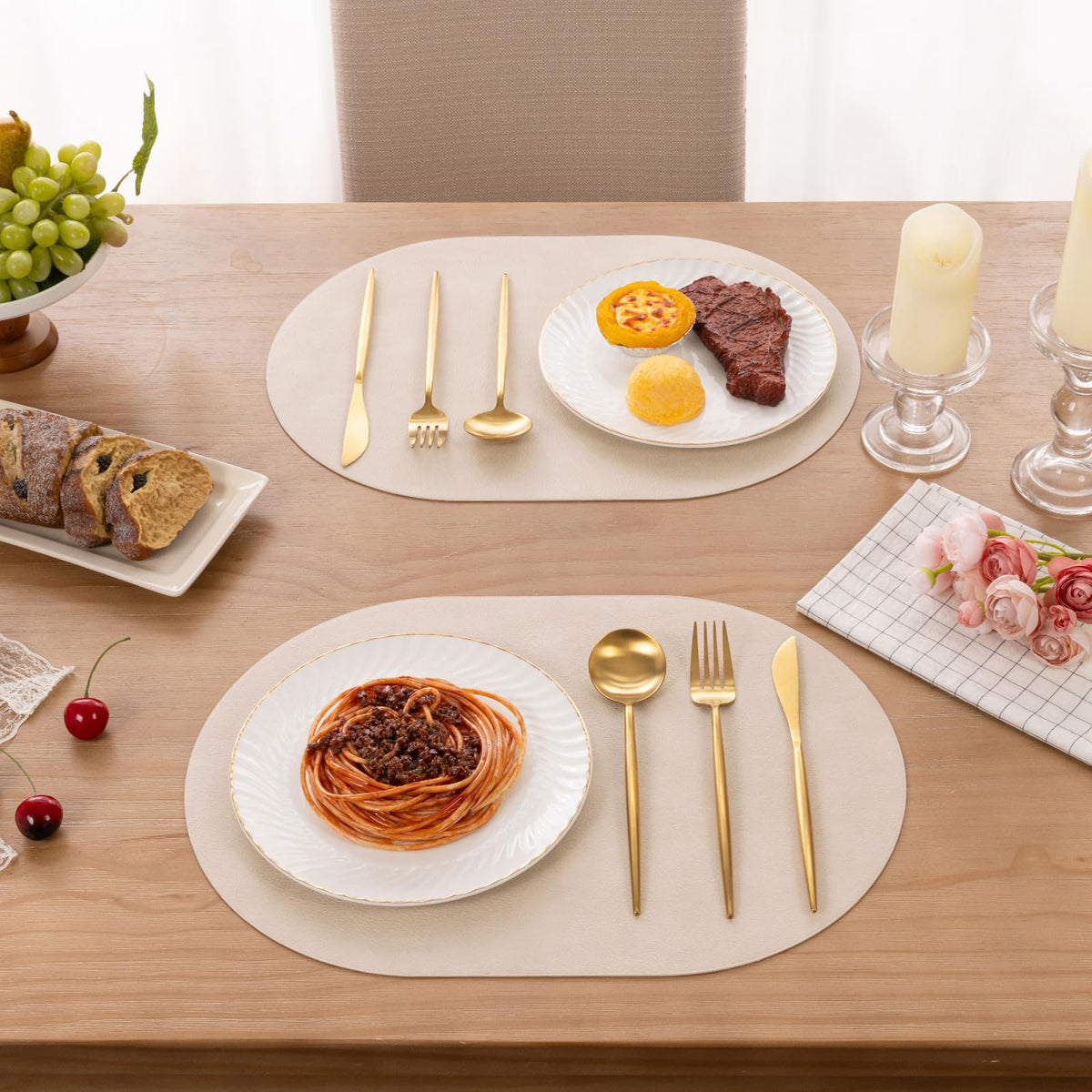 SHACOS Faux Leather Oval Placemats Set of 6 Waterproof Heat Resistant Washable Wipeable Place Mats Solid Table Mats for Kitchen Dining Room Decor, White Oak Beige