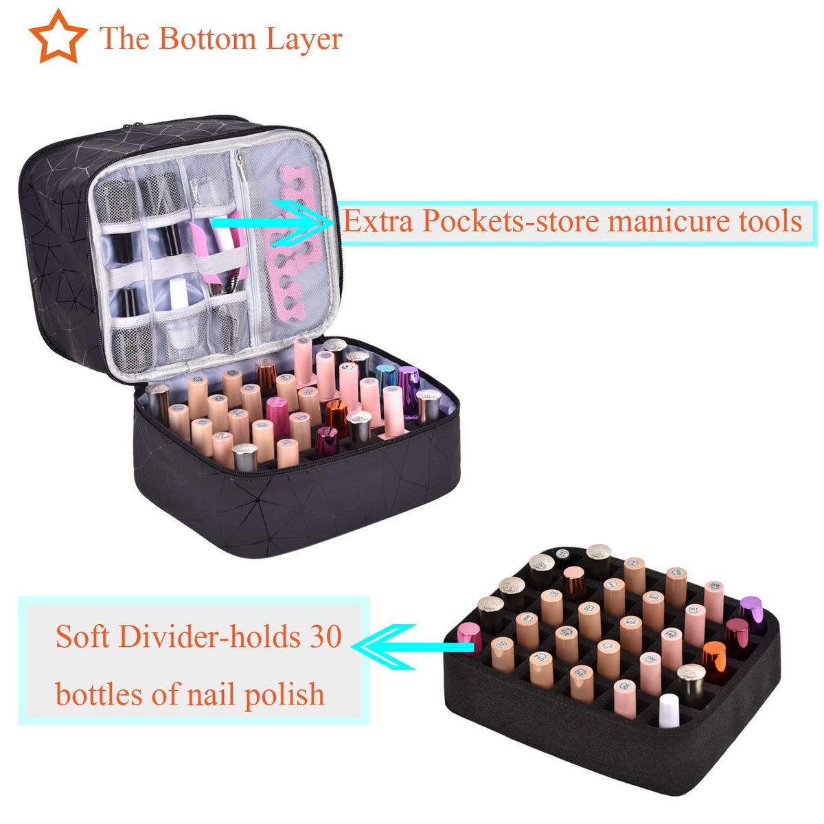 CTWWFS PU Leather Nail Polish Organizer and Nail Lamp Case, Nail Kit Organizer Holds 30+ Bottles (15ml - 0.5 fl.oz) and a Nail Lamp, Nail Polish Carrying Case with Manicure Tools Storage Sections