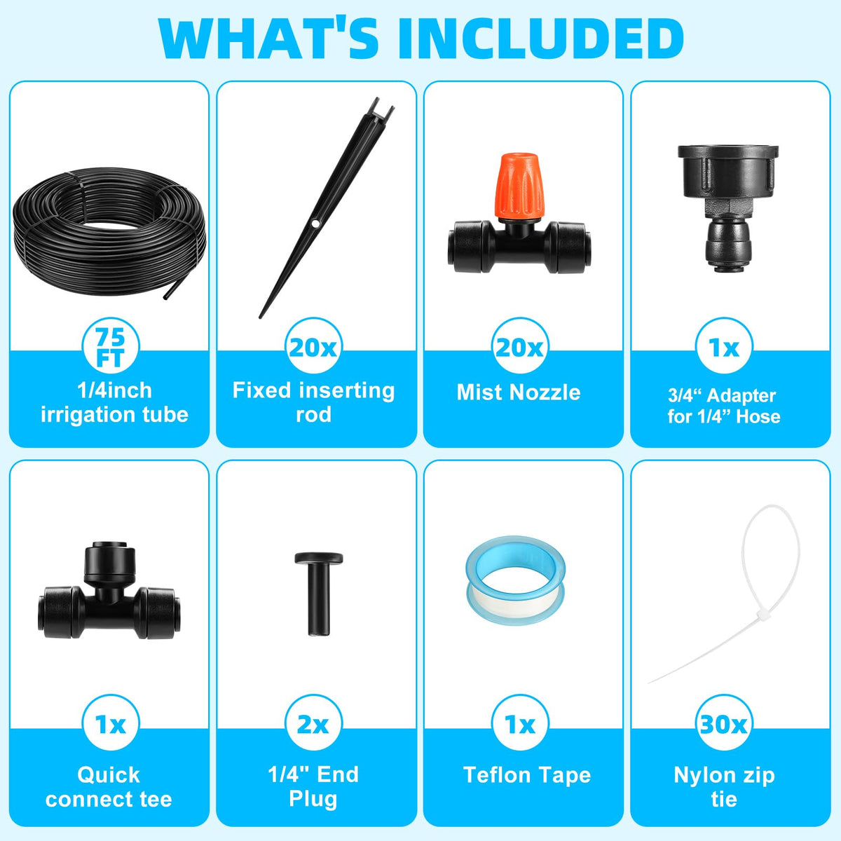 75FT Drip Irrigation System - Easy to Assemble Quick Plug Adjustable Spray Volume Garden Watering/Misting Cooling System with 1/4" Polyethylene (PE) Water Pipes for Gardens, Raised Beds, Lawns